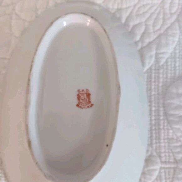 Antique G.H.O. Bavaria Lusterware Oval Dish Floral Center Green Iridescent Rim - Picture 7 of 8